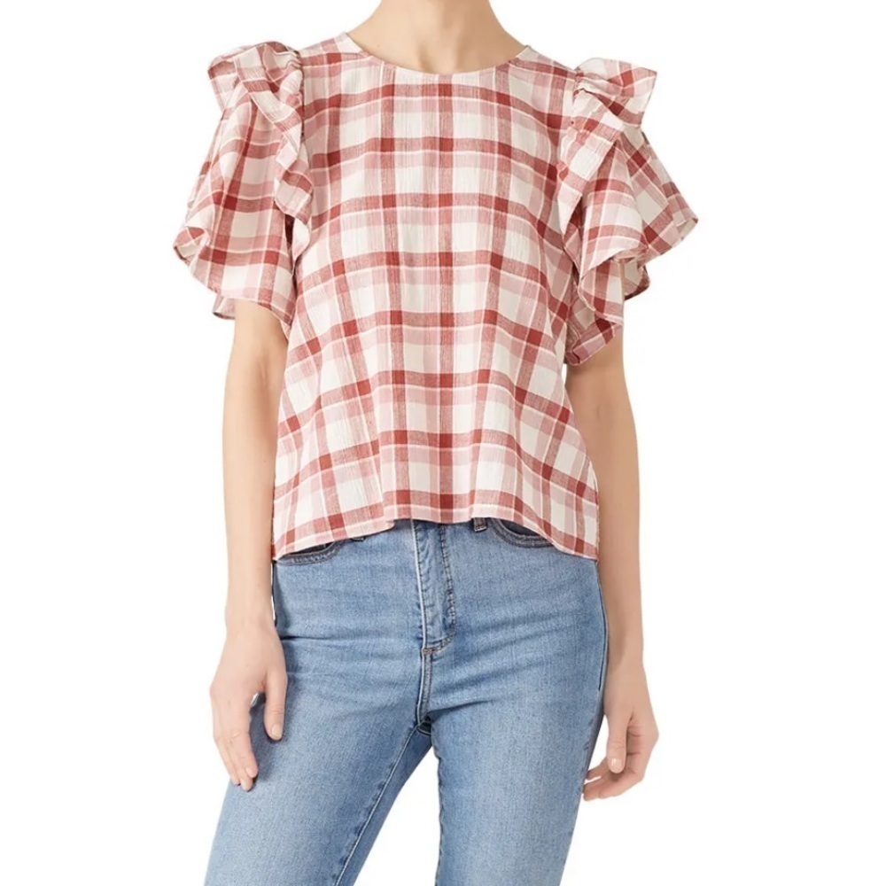 The Great. The Whisper Brick Plaid Ruffle Sleeve Shirt SIZE 2